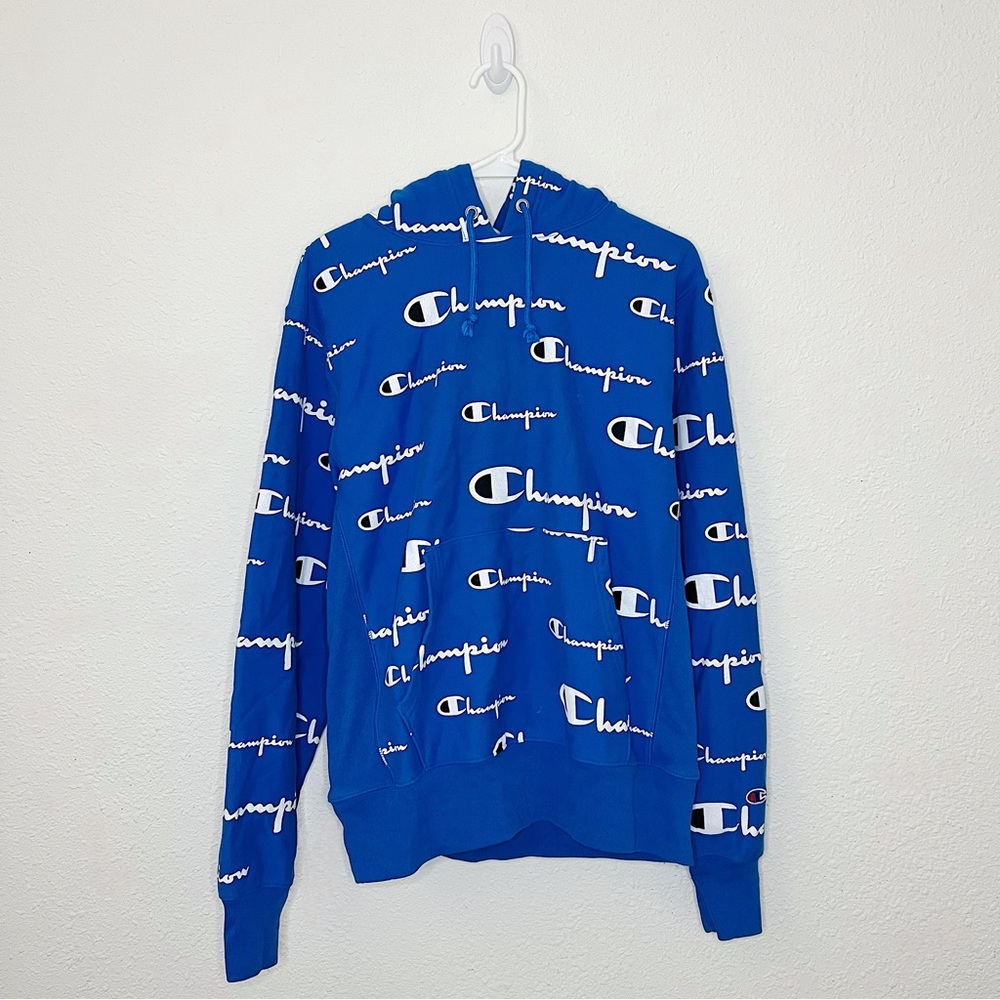 (Sold) Champion All Over Logo Hoodie Blue White Sweatshirt Jumper Long Sleeve - Picture 3 of 8